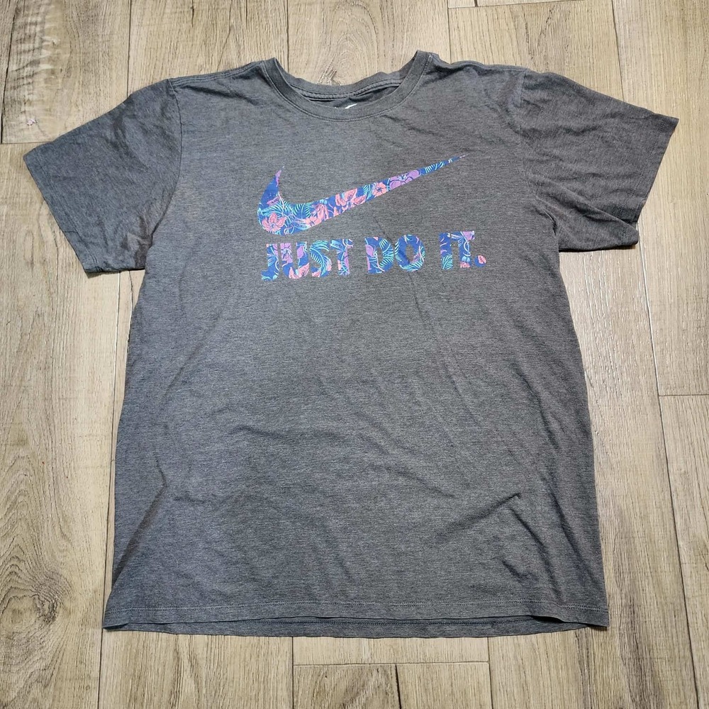 Nike Mens Just Do It Floral Swoosh Athletic Cut Graphic T-Shirt Charcoal Grey M